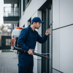 A pest control technician inspecting an apartment building.
