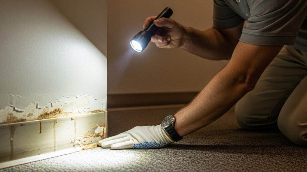 A professional inspector uses a flashlight to check a building corner for water damage.