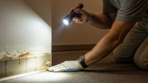 A professional inspector uses a flashlight to check a building corner for water damage.
