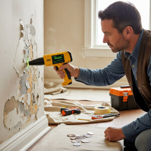 A contractor uses an XRF gun to test a wall for lead paint.