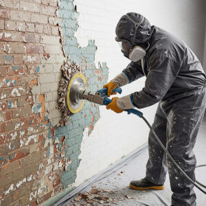 A professional in protective gear safely removes paint from a wall with a specialized tool.

