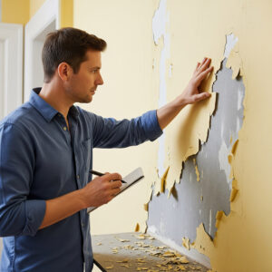 A professional examines a wall with peeling paint.