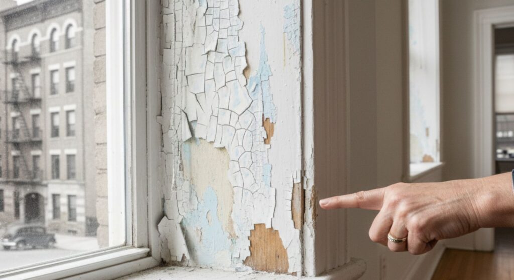 a finger pointing at crack paint on a window seal