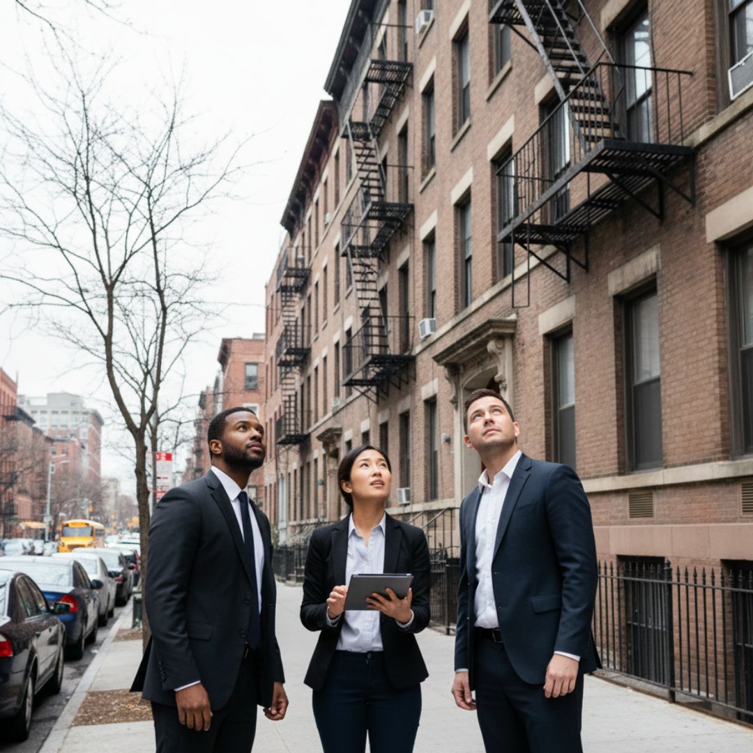 A diverse group of adults looking concerned at an old, stately building exterior in Brooklyn.