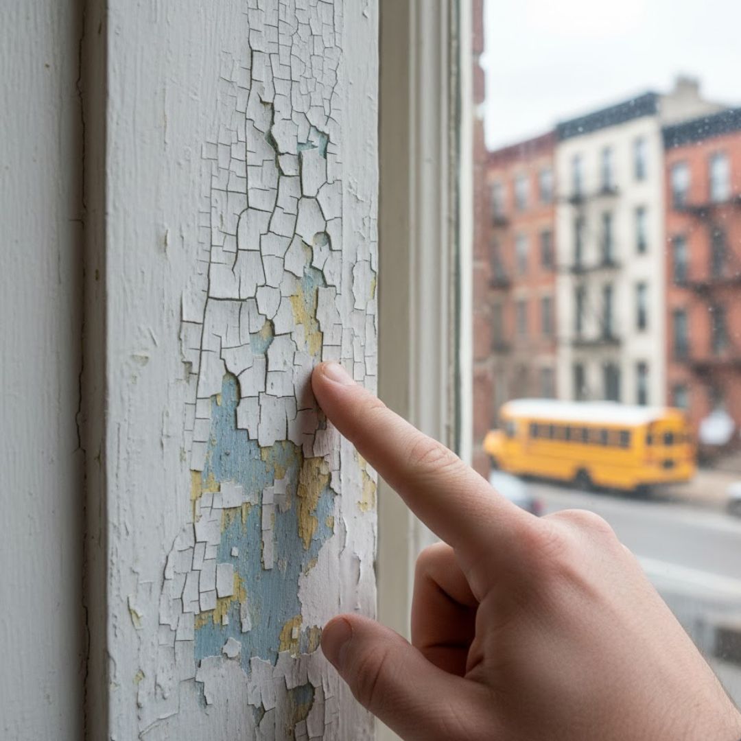 Close-up of a hand touching the worn wooden trim of an antique residential window.