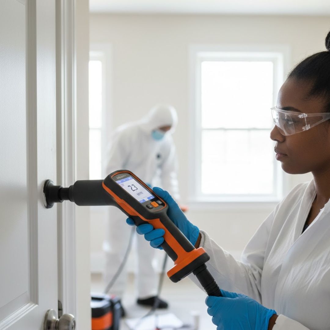 An EPA-certified professional using a yellow XRF gun to test paint on a door frame inside an apartment.