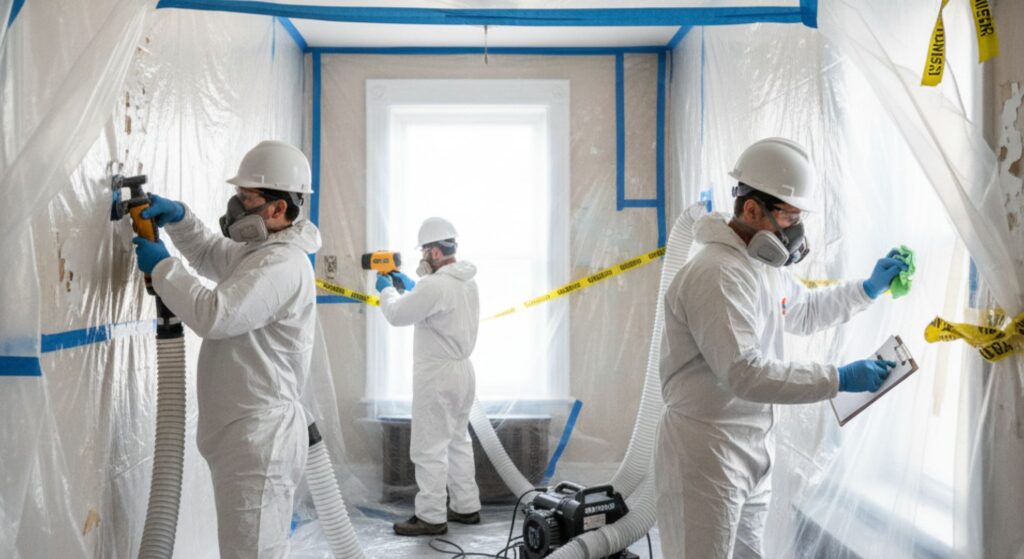 Professionals performing controlled lead paint removal in a sealed room