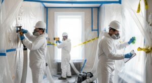 Professionals performing controlled lead paint removal in a sealed room