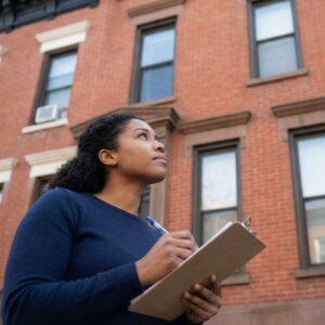 A person holding a clipboard and pen looks up thoughtfully at the upper facade of a brick residential building in Brooklyn.