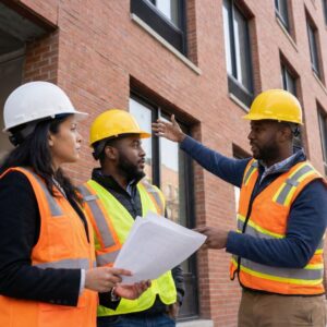 3 workers in safety gear in discussion