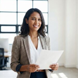 A diverse woman in a smart casual blazer smiling while holding a document in a bright, modern office environment.