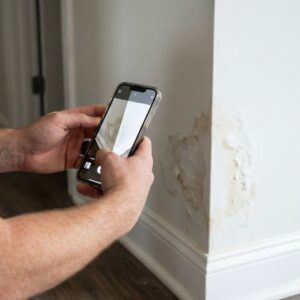 A close-up photo of a person using a smartphone to document water damage on a wall.