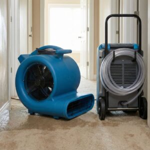Professional industrial air mover and dehumidifier equipment drying a wet carpet in a hallway