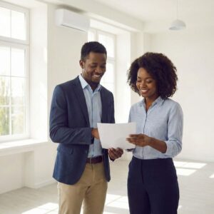 Two smiling people standing together and reviewing a white document held in their hands.