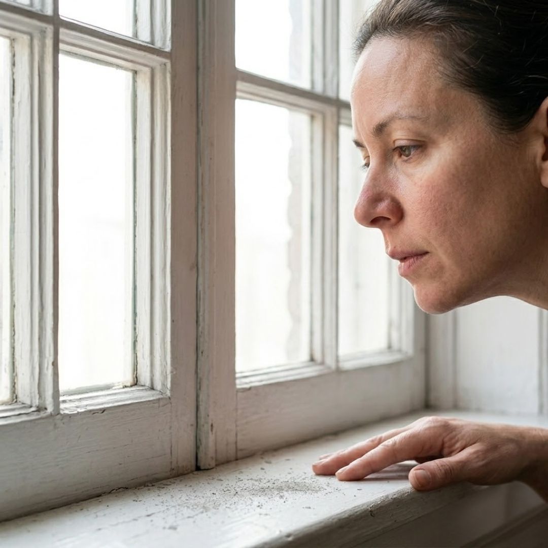 woman leaning towards dusty windowsill
