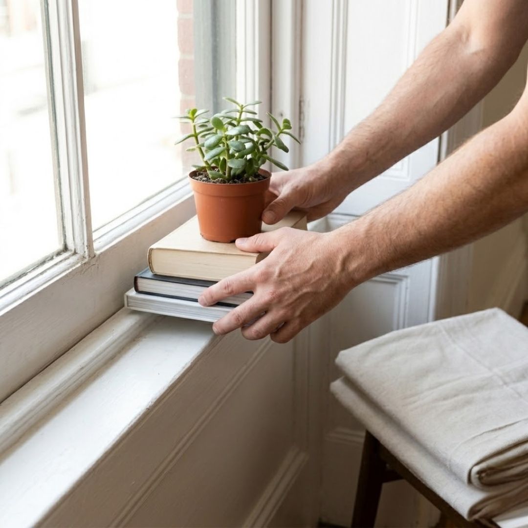 removing a plan and books from windowsill