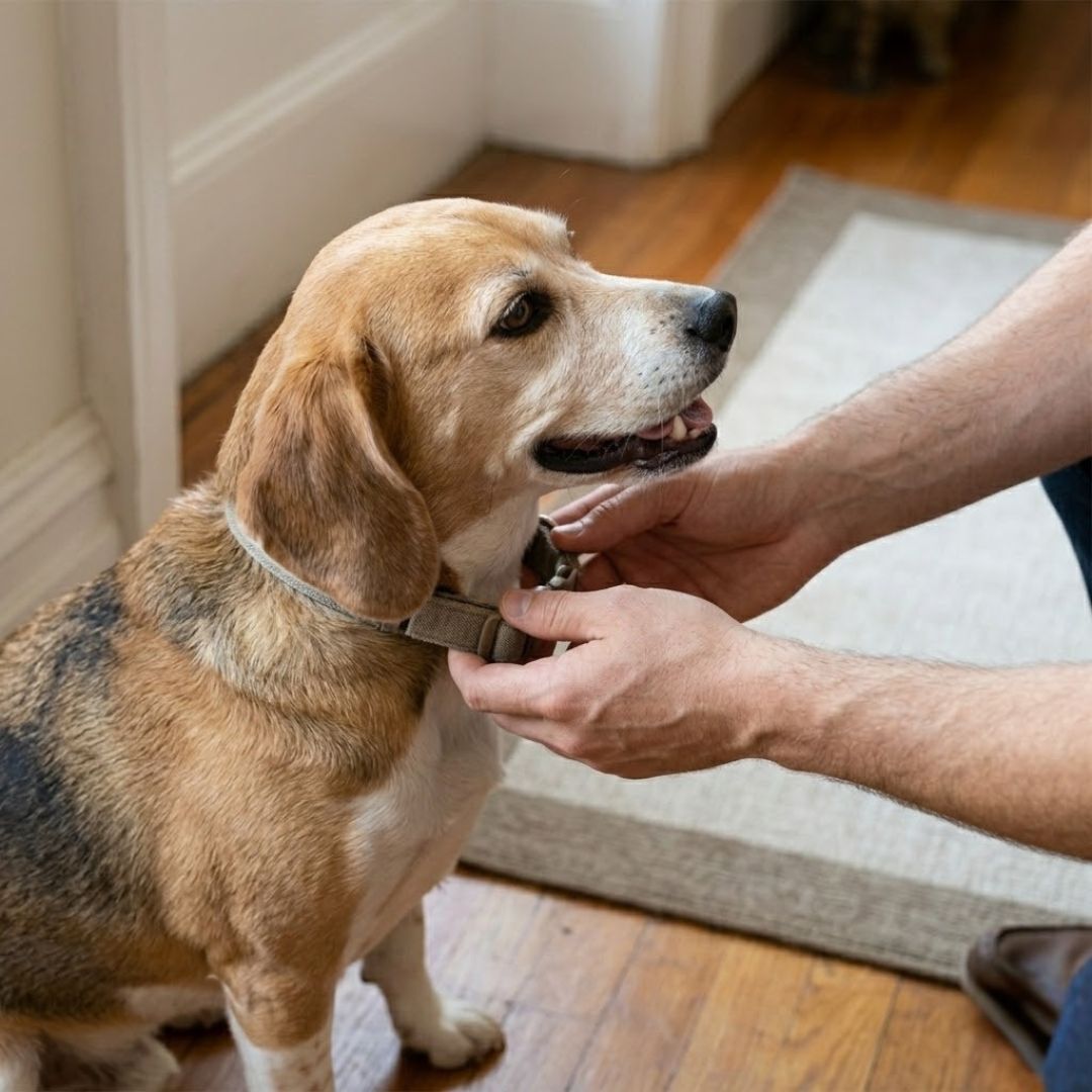 putting collar on dog