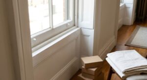 older home with boxes blocking access to window