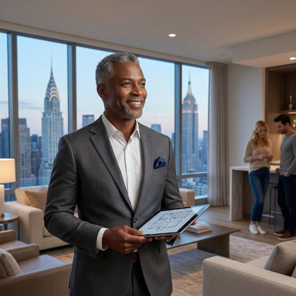 smiling man in apartment building