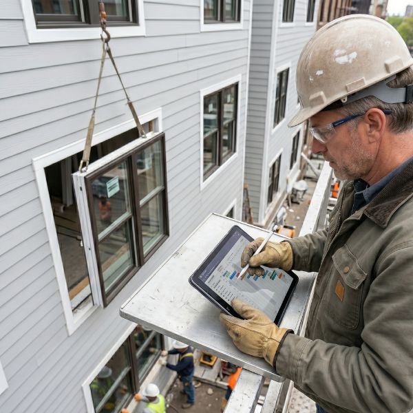 man overseeing window installation